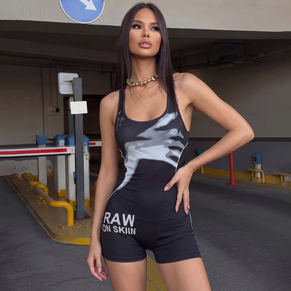 SXR K6Q11886A printed big U-neck slim shorts jumpsuit