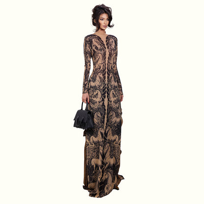 DLS Spring animal print long sleeve half turtleneck slim-fit slimming long top
