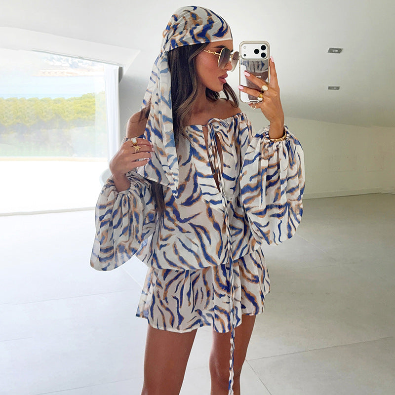 DZHT D26DS161 striped printed mesh hair band drawstring long lantern sleeve jumpsuit skirt