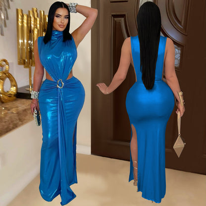 XYZ C7476 elegant turtleneck arm covering split dress