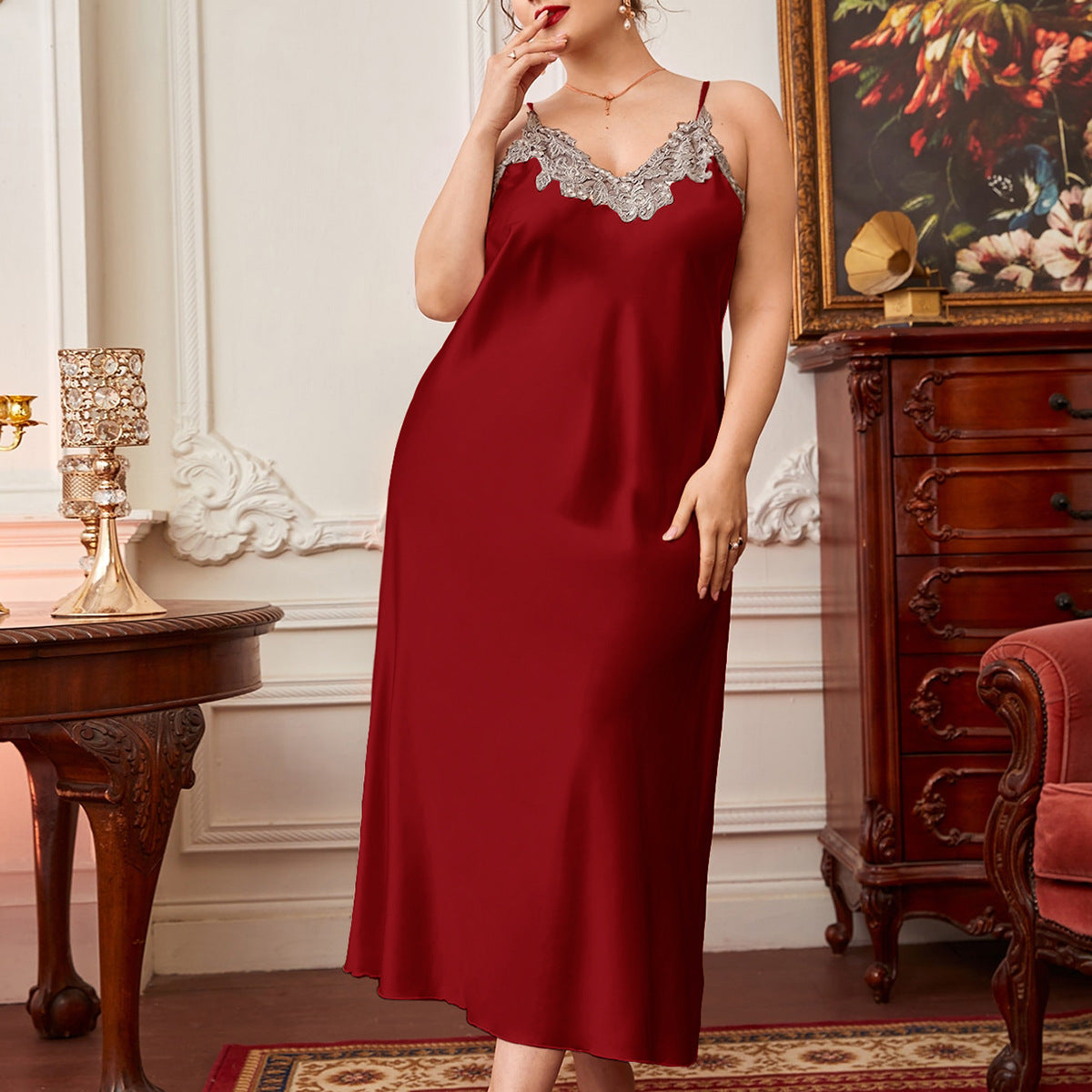 DNL plus-sized pajamas suspender skirt spring flower edge nightgown long artificial silk