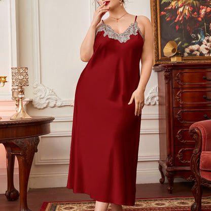 DNL plus-sized pajamas suspender skirt spring flower edge nightgown long artificial silk