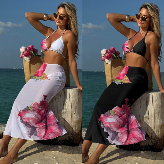 (4 days ready to ship) SY customized printing large floral three-piece set mesh long dress bikini