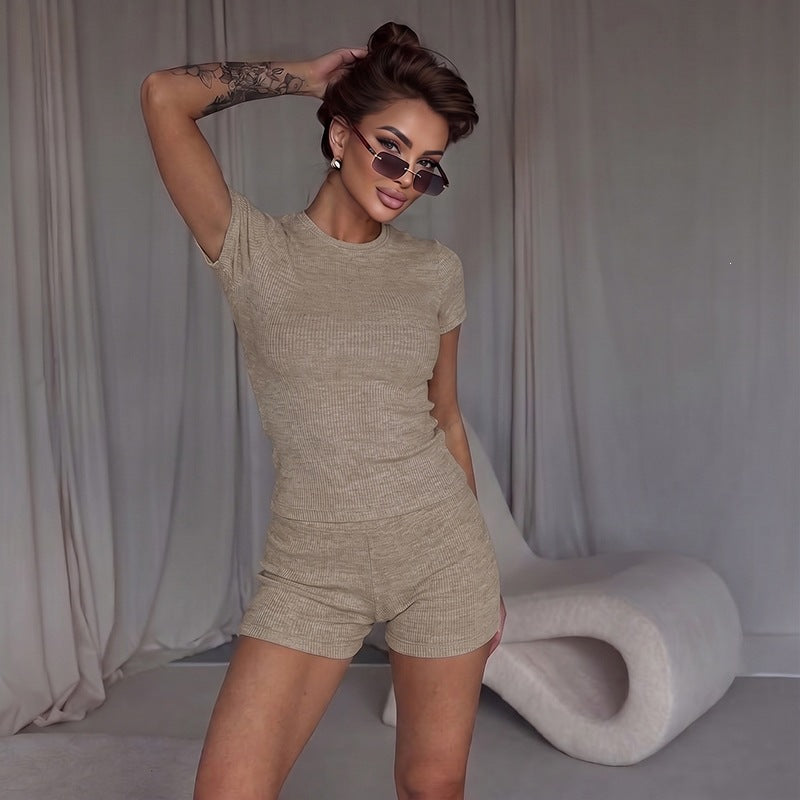 DLS summer pullover round neck waist trimming short sleeve top comfortable shorts suit
