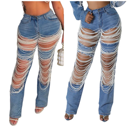 MZ (S-2XL) MZ88586 ripped pearl chain decorative jeans