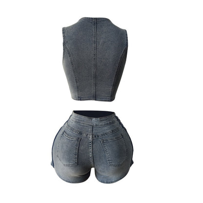 MZ (S-2XL) denim vest MZ88641 stretch apron shorts suit