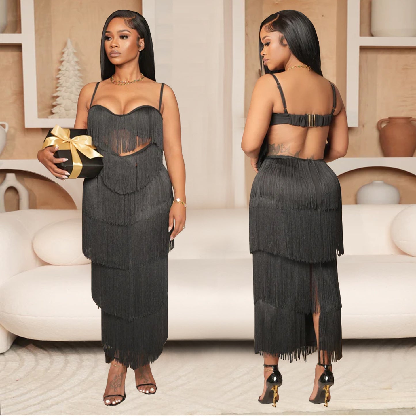 XYZ C7431 strap backless tassel long dress