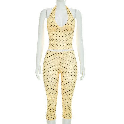 DZHT D26ST184 polka dot print halterneck vest top tight cropped pants two-piece suit