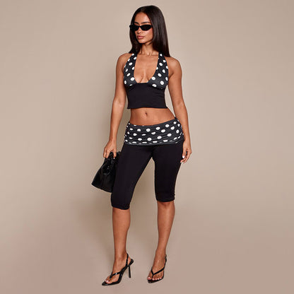 DZHT J26ST130 stitching dotted prints halter spaghetti straps pleated waist cropped pants two-piece suit