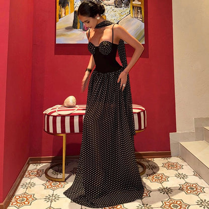 DLS tube top backless ribbon wave point printing slip dress