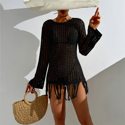 CYB beach cover-up knitted dress long sleeve all-match sun protection tassel dress