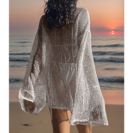 CYB side slit loose pullover knitting see-through beach sun protection bikini blouse