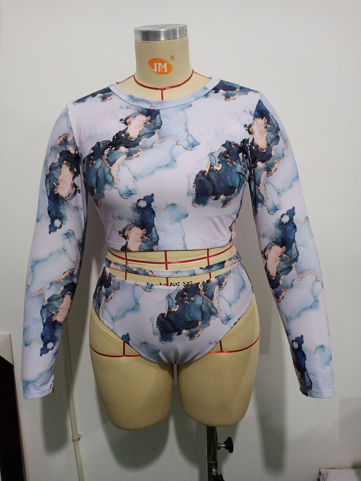 LF (L-4XL) swimsuit women's split long sleeve large size printed Conservative