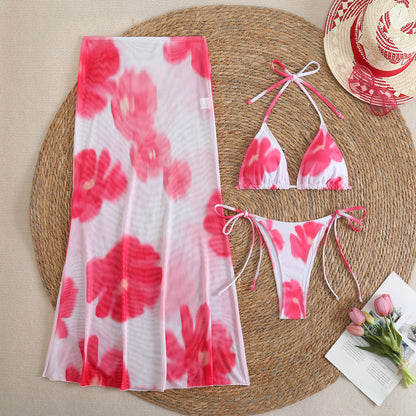 (4 days ready to ship) SY customized printing large floral three-piece set mesh long dress bikini