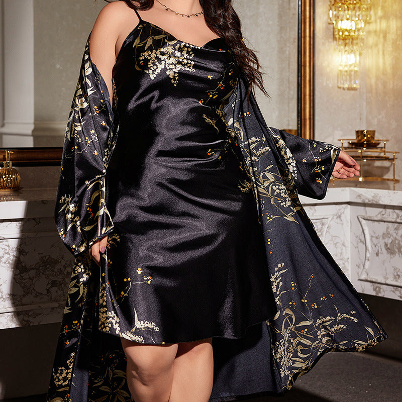 DNL plus size printed pajamas outer wear long pajamas set lace-up nightgown nightdress two-piece set