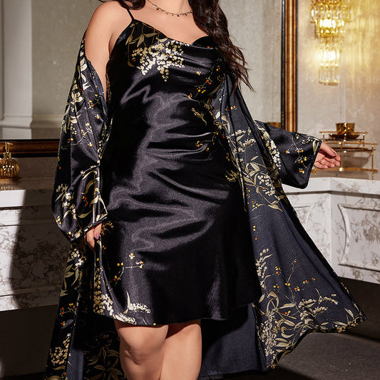 DNL plus size printed pajamas outer wear long pajamas set lace-up nightgown nightdress two-piece set