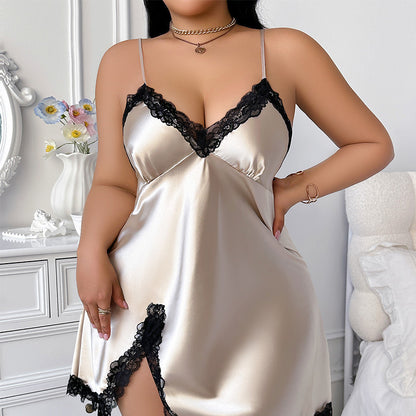DNL plus size women's clothing backless slip dress artificial silk nightdress loose ice silk pajamas