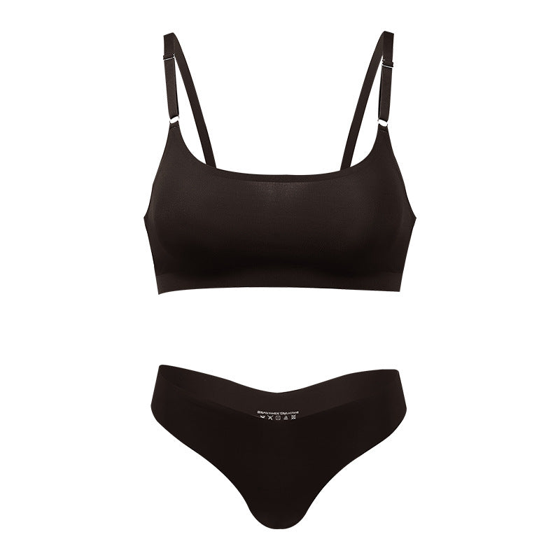 Seamless thin large size underwear set small breast size exaggerating bra T-shaped beauty back adjustable wireless bra