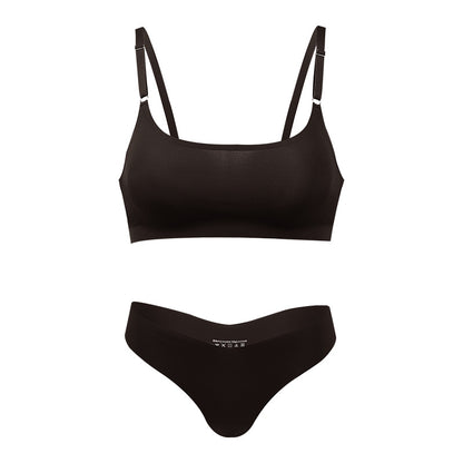 Seamless thin large size underwear set small breast size exaggerating bra T-shaped beauty back adjustable wireless bra