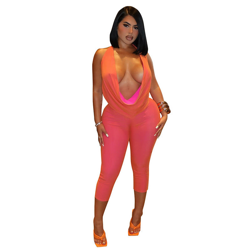 DZHT Q26ST073 hanging collar halter bare back top tight cropped pants two-color suit