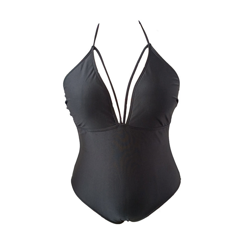 LF (L-4XL) women's one-piece solid color black sexy swimsuit plus size