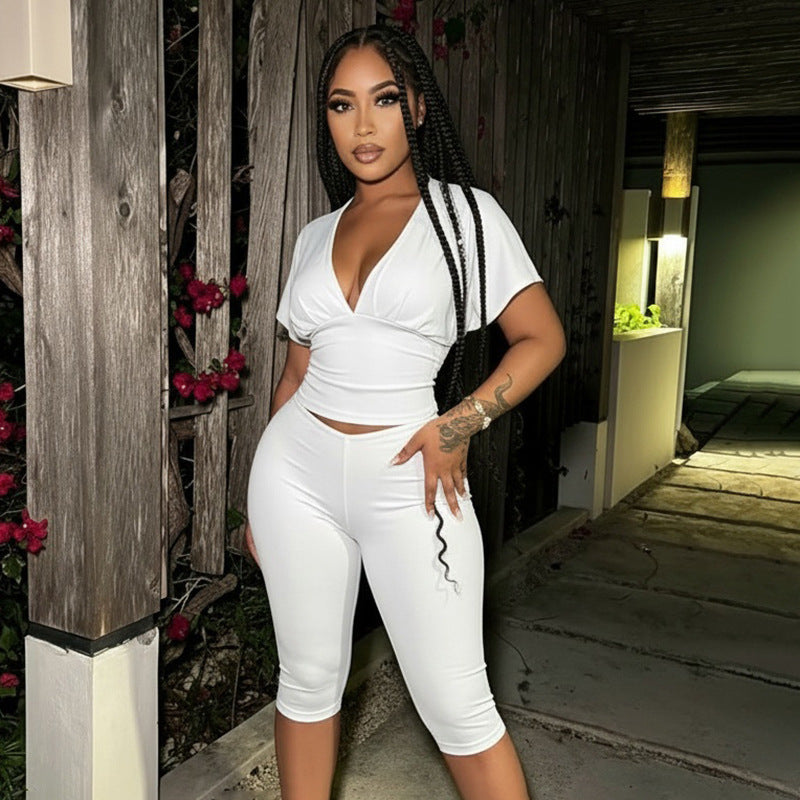 DZHT J26ST224V collar pleated half sleeve top tight cropped pants two-piece suit