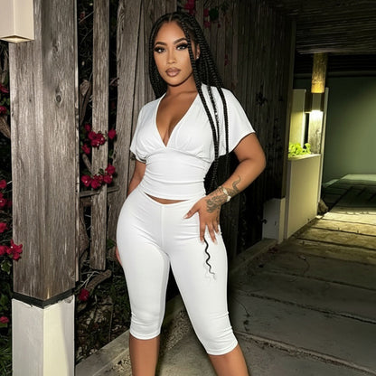 DZHT J26ST224V collar pleated half sleeve top tight cropped pants two-piece suit