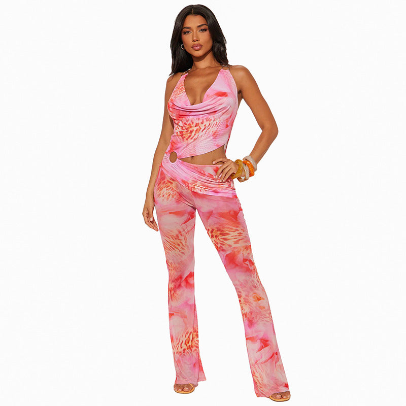 DZHT Q26JP042 summer metal halter pink tone printed backless wear jumpsuit