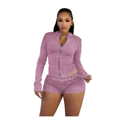 MZ (S-2XL) denim shorts MZ88616 long sleeve stretch shorts belt suit