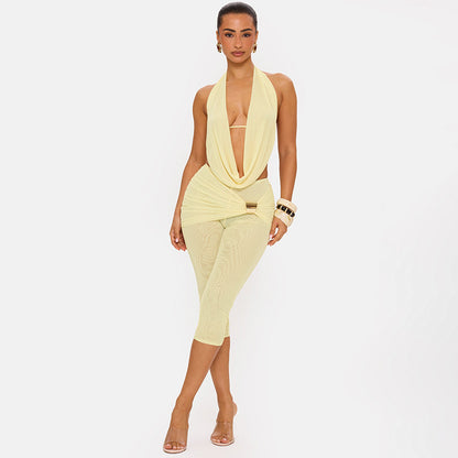 DZHT C26ST240 draped collar halter lace-up backless sling skinny knee length pants suit