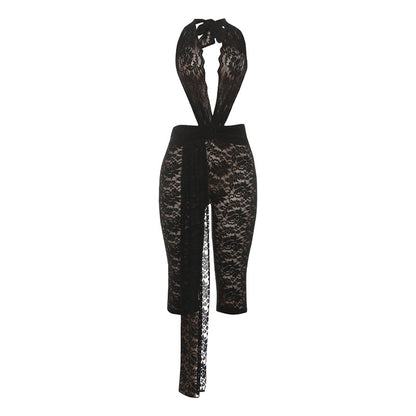 SXR fall winter fashion lace halter backless ribbon high waist jumpsuit