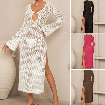 CYB side slit metal buckle V-neck flared sleeves beach sun protection backless blouse dress