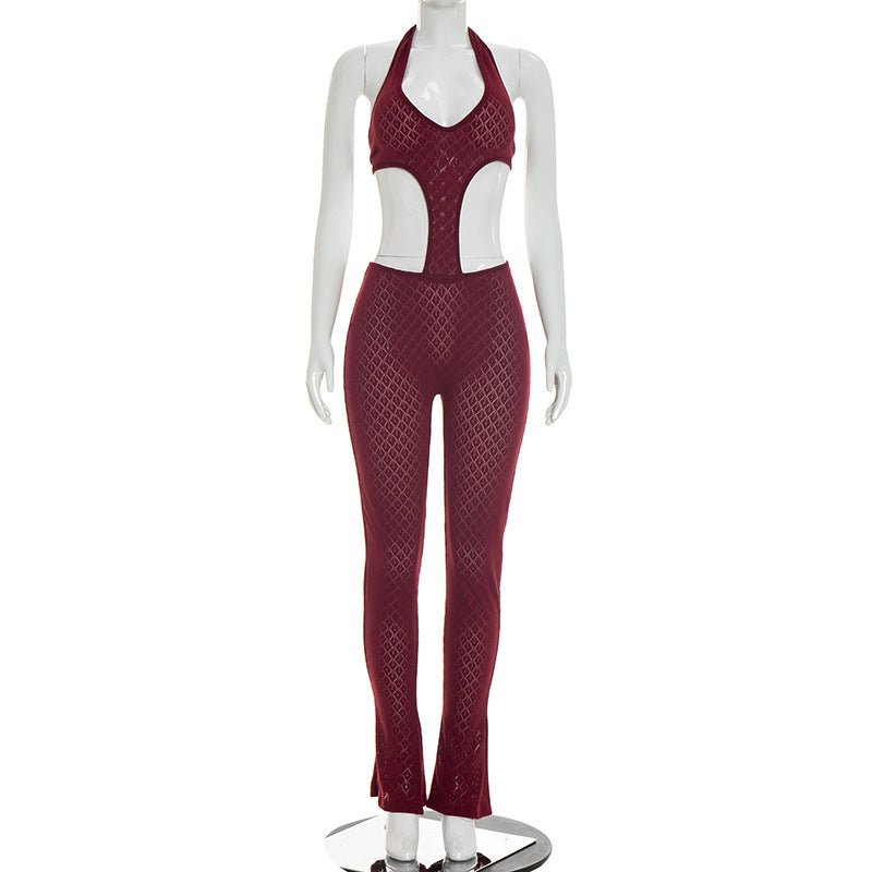 DZHT J26JP067 see-through slim-fit slimming knitted deep V jumpsuit