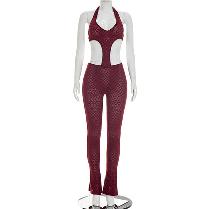 DZHT J26JP067 see-through slim-fit slimming knitted deep V jumpsuit