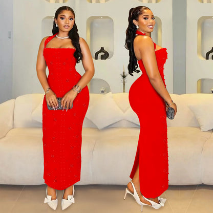 XYZ C7480 halter rhinestone bubble beads slim-fit sheath dress