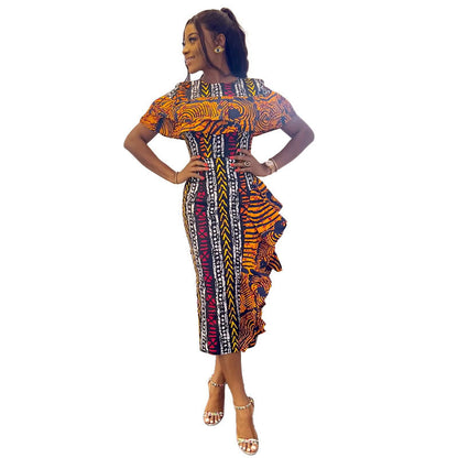 GY (S-3XL) S11015 printed tree fungus-like lacework contrast color slim fit back slit dress