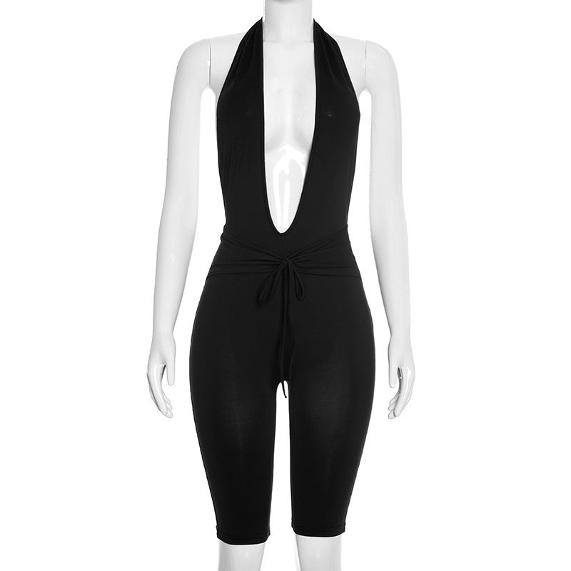 DZHT C26JP020 spring lace-up halterneck jumpsuit cropped pants