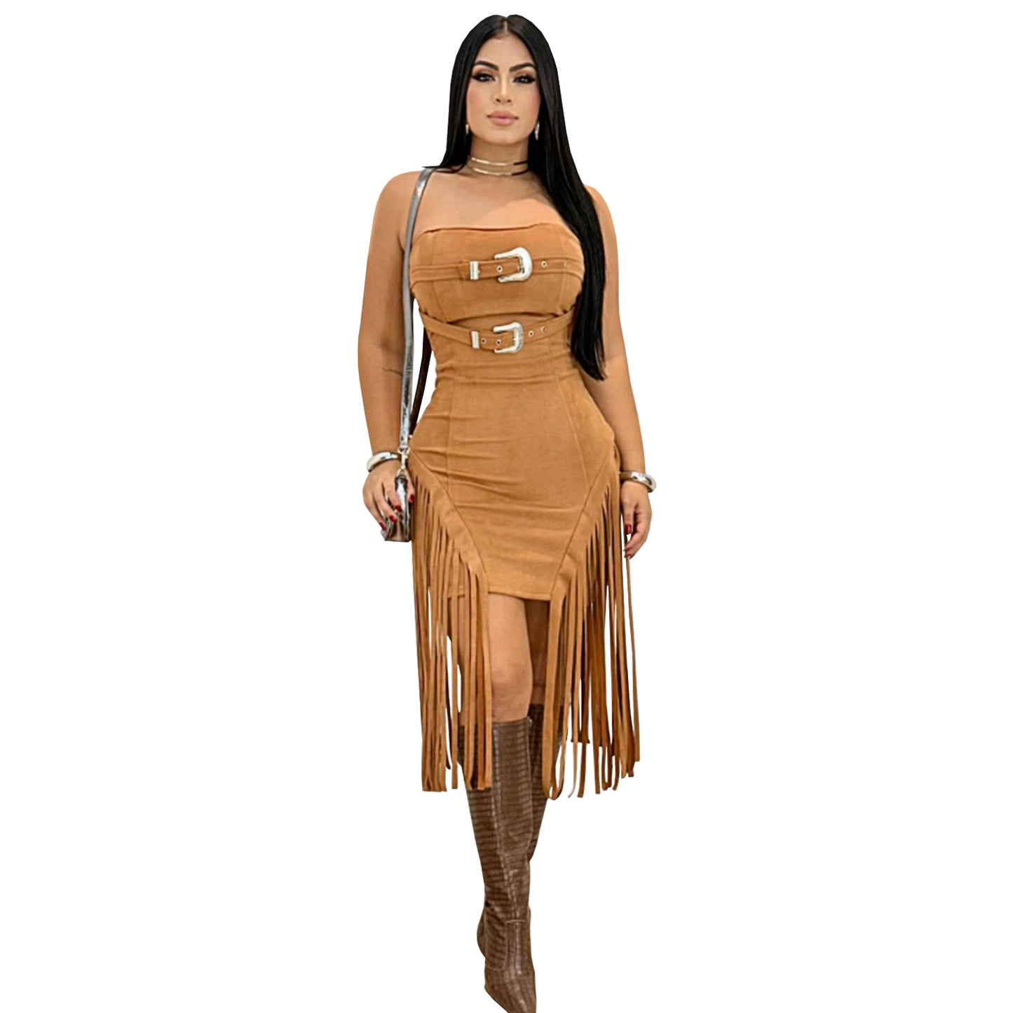 XYZ C7426 sleeveless tube top backless tassel dress