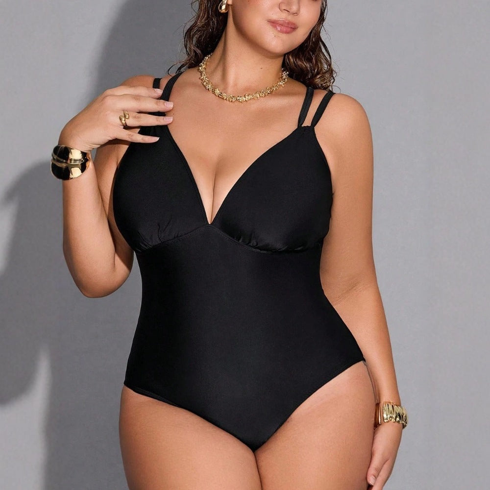 CL (L-4XL) 2026 plus size swimsuit solid color one-piece deep V sexy rope cross high waist tight