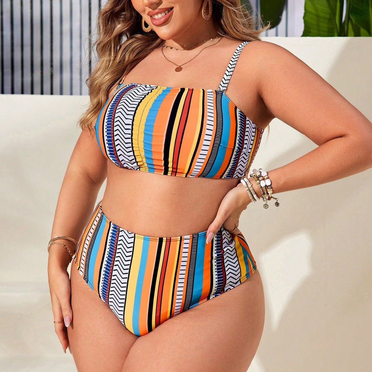 CL (L-4XL) women's plus size swimsuit striped tassel split bikini split four-piece set beach cover-up