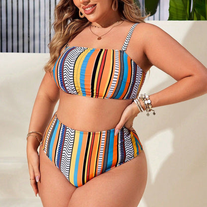 CL (L-4XL) women's plus size swimsuit striped tassel split bikini split four-piece set beach cover-up