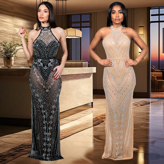 XYZ C6957 mesh rhinestone halter sheath dress