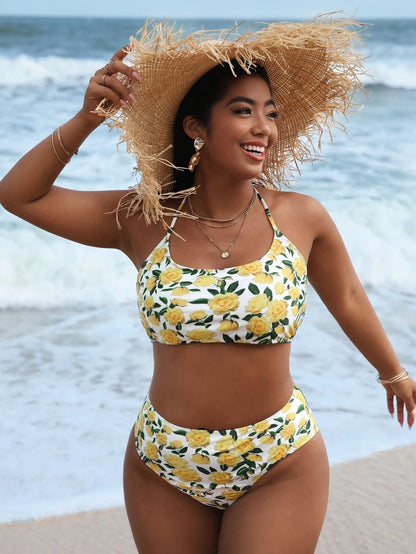 LF (L-4XL) women's split color printing swimsuit plus size