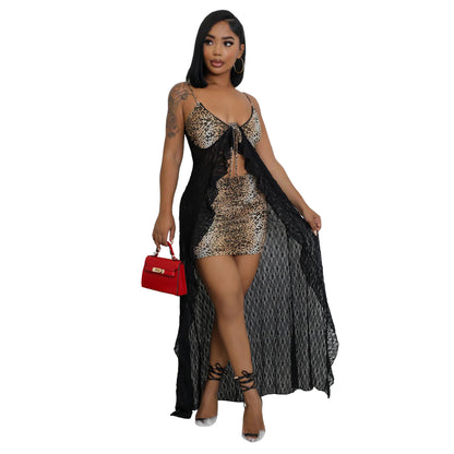 MYF (S-2XL) Sling lace leopard print skirt suit
