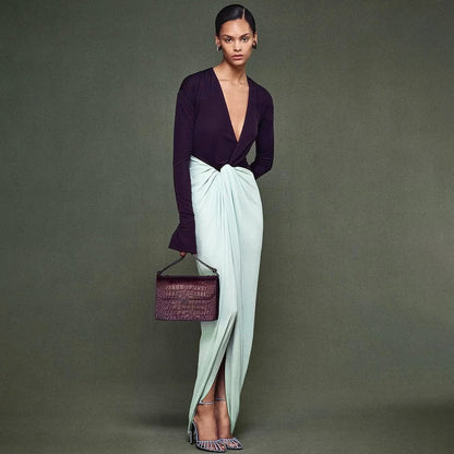 SXR fall winter fashion deep v-neck long sleeve split long dress