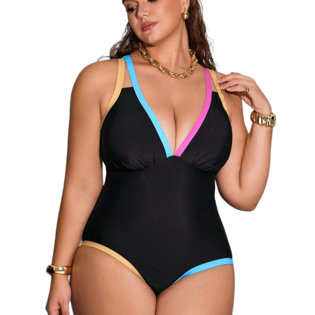 CL (L-4XL) 2026 swimsuit contrast color binding plus size swimwear women strap one-piece swimsuit