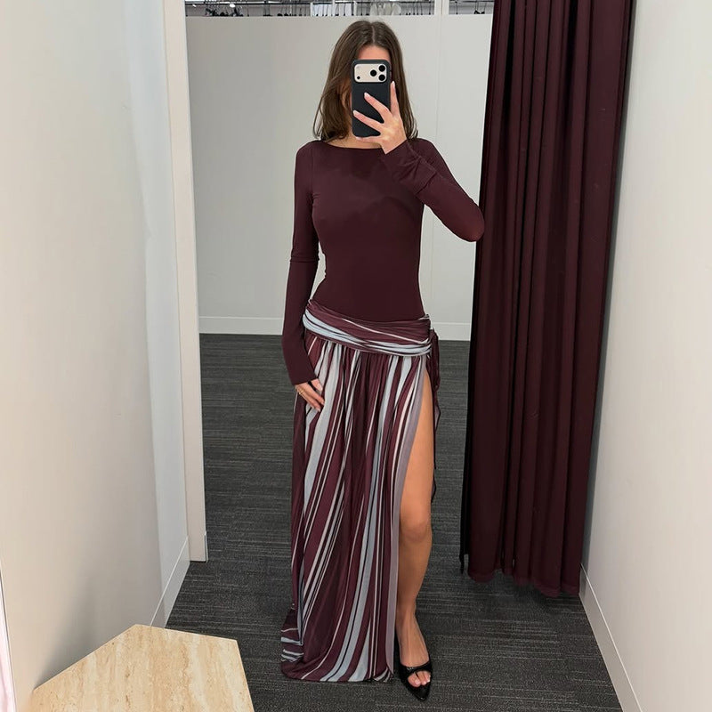 SXR K6D11771A summer backless slit striped long sleeve dress