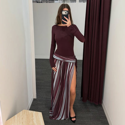 SXR K6D11771A summer backless slit striped long sleeve dress