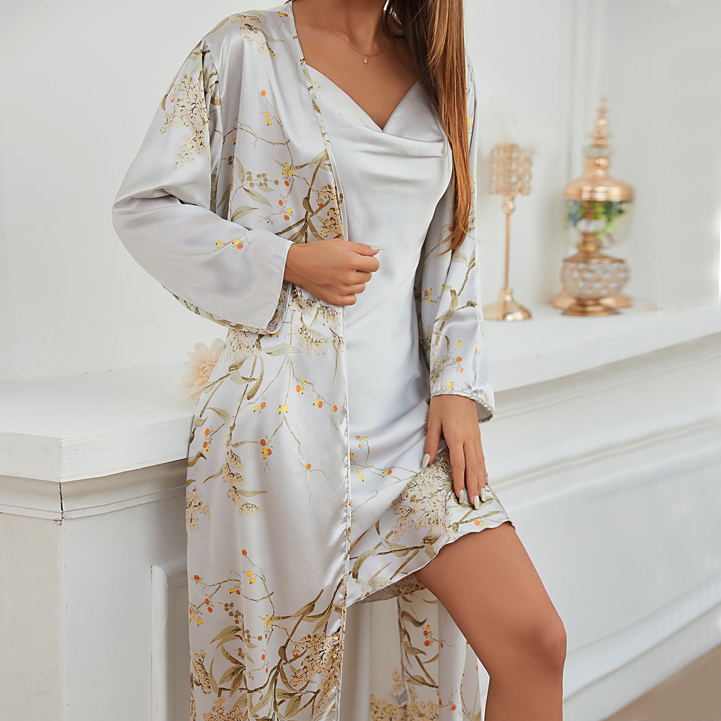 DNL lace-up nightgown nightdress two-piece set outer wear mid-length pajamas suit