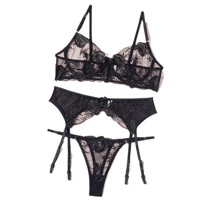 Sling steel ring see-through three-piece set embroidered flower sexy lingerie body shaping two-piece suits